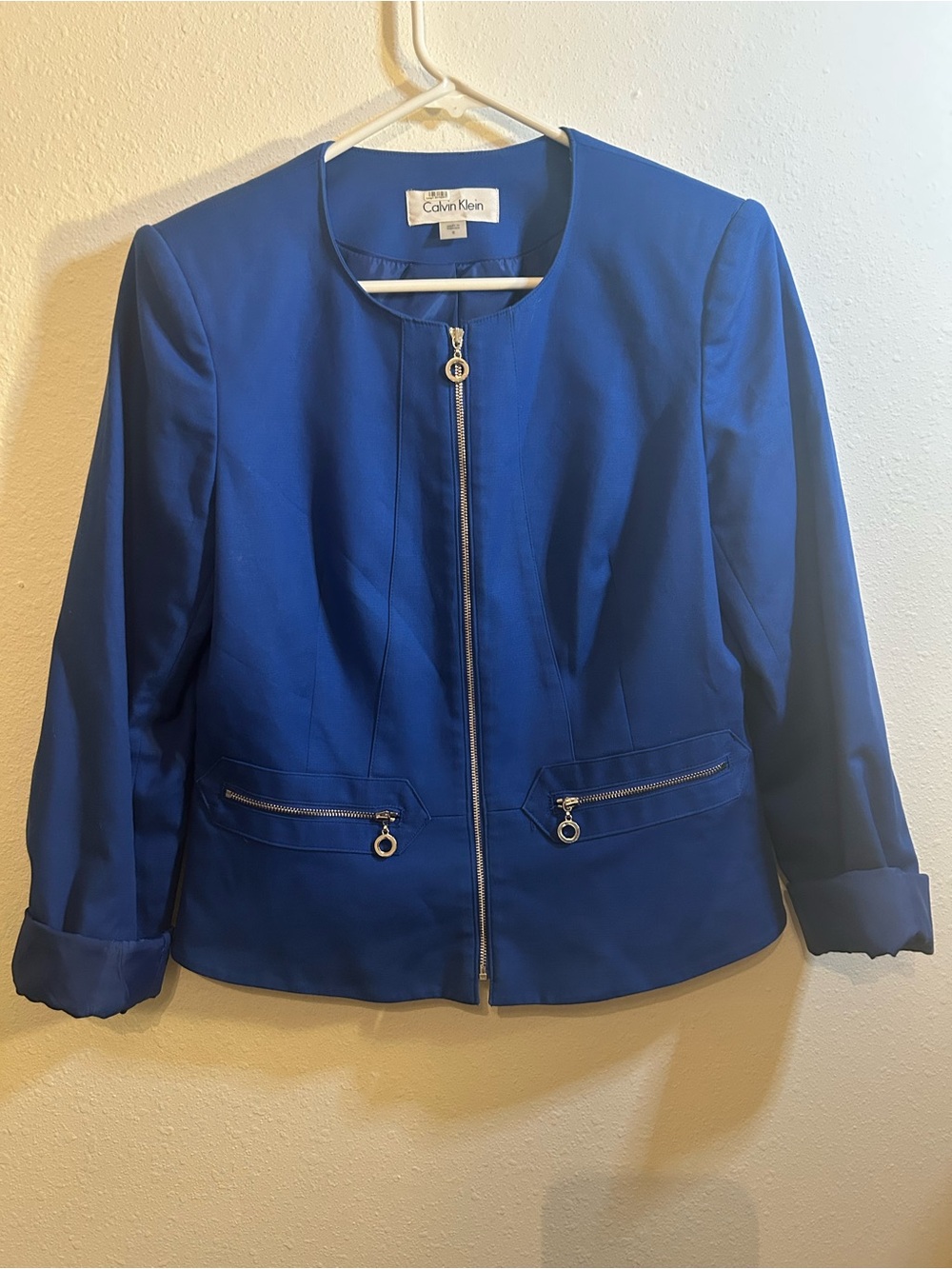 Calvin Klein Women's Size 8 Royal Blue Zip Front Peplum Blazer Jacket